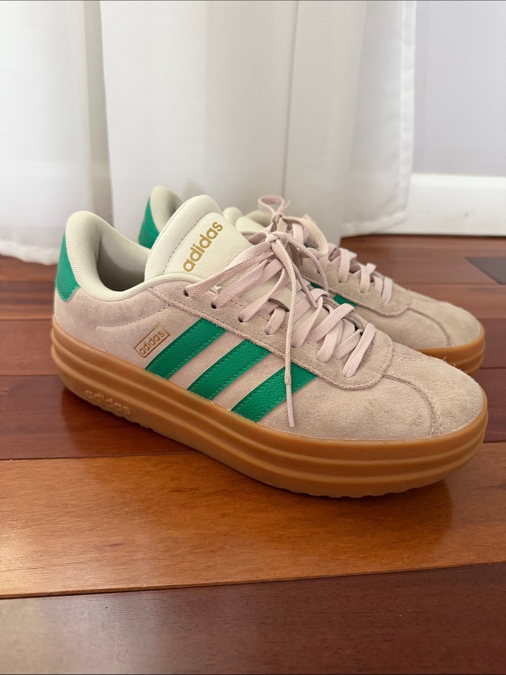 adidas Platform Suede Sneakers in Beige with Green Stripes